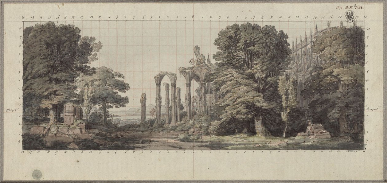 Kyrka och ruinerna av ett gotiskt kloster bland träden av Karl Friedrich Schinkel
