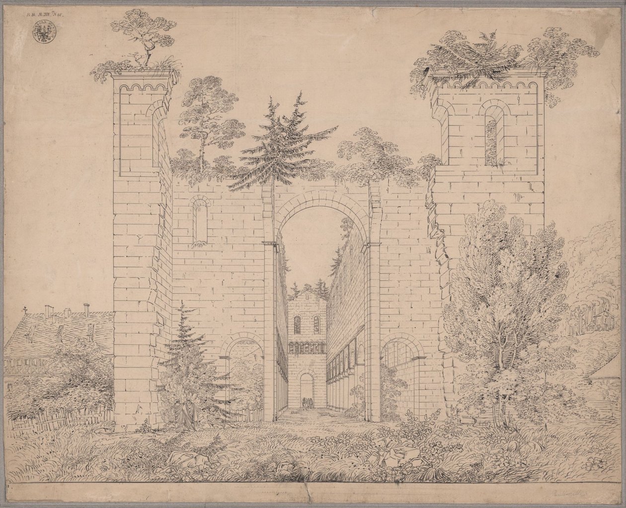 Paulinzellaklostrets ruiner. Vy in i kyrkskeppet från öster av Karl Friedrich Schinkel
