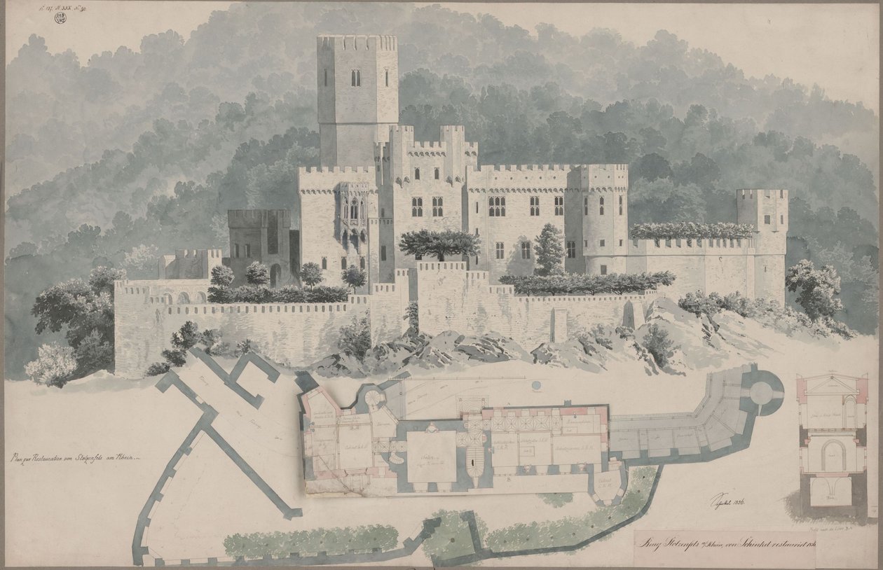 Koblenz. Stolzenfels-ruinen. Planritning över övervåningen och fasadvy av Karl Friedrich Schinkel