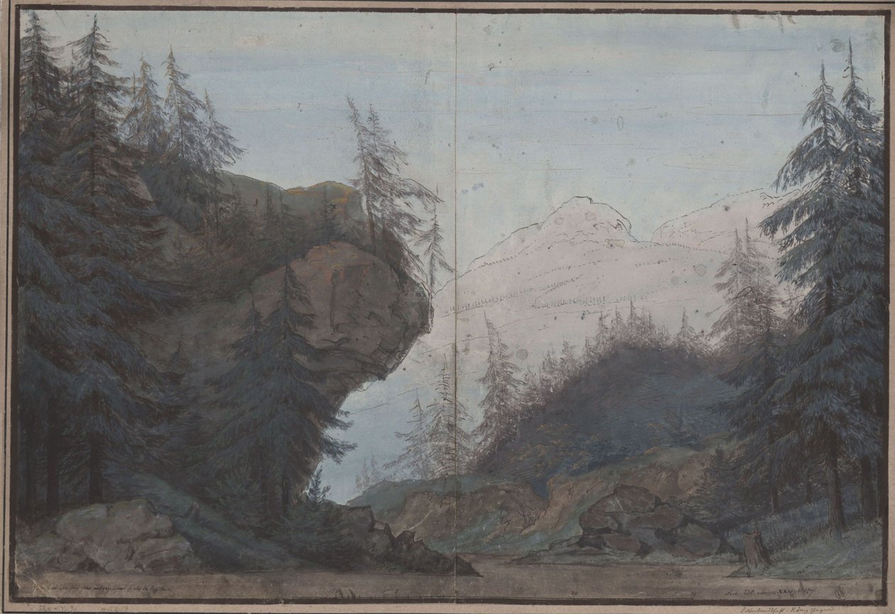 Kung Yngurd. Tragedi av Adolf Müllner. Utkast till den tredje scendekorationen. Skogslandskap av Karl Friedrich Schinkel