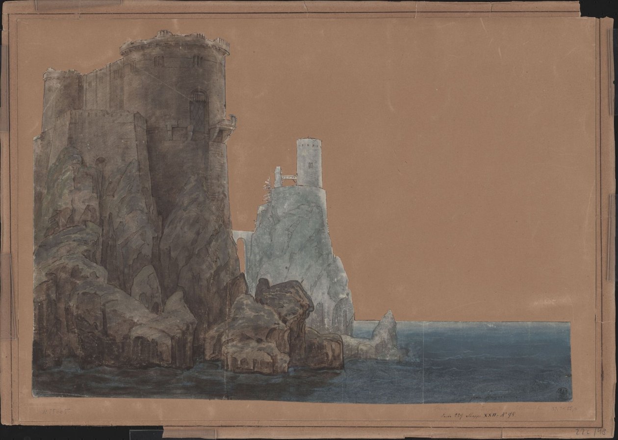 Kung Yngurd. Sorgespel av Adolf Müllner. Utformning för den 4:e dekorationen. Torn med Dödsporten vid havet av Karl Friedrich Schinkel