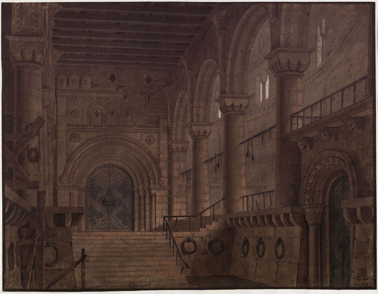 Kung Yngurd. Tragedi av Adolf Müllner. Utkast till den 5:e scendekorationen. Salen i tornet med dödsporten av Karl Friedrich Schinkel