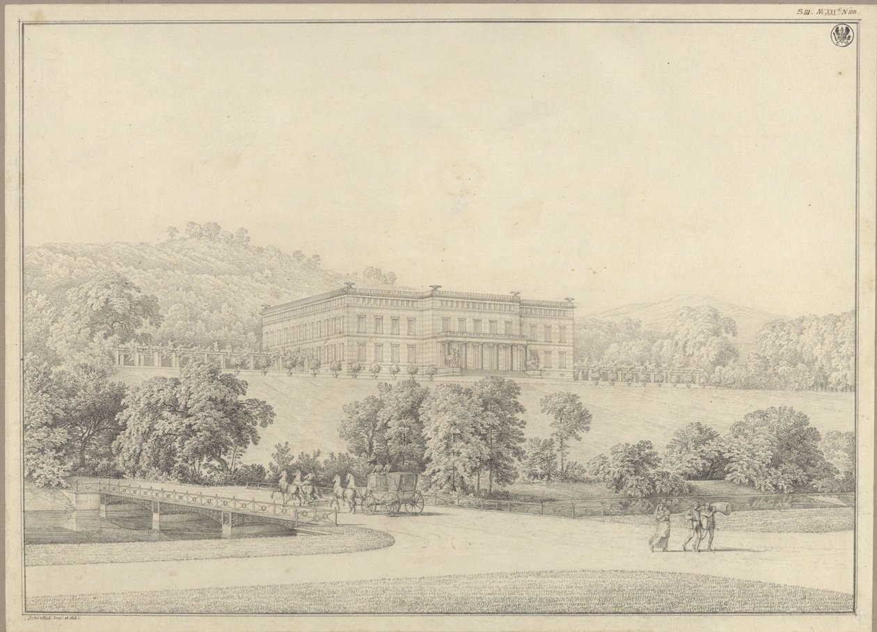 Kressendorf (Krzeszowice) nära Kraków. Slott. Perspektivisk vy av Karl Friedrich Schinkel