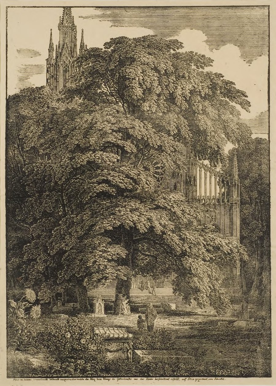 Kyrkogård utanför en gotisk katedral av Karl Friedrich Schinkel