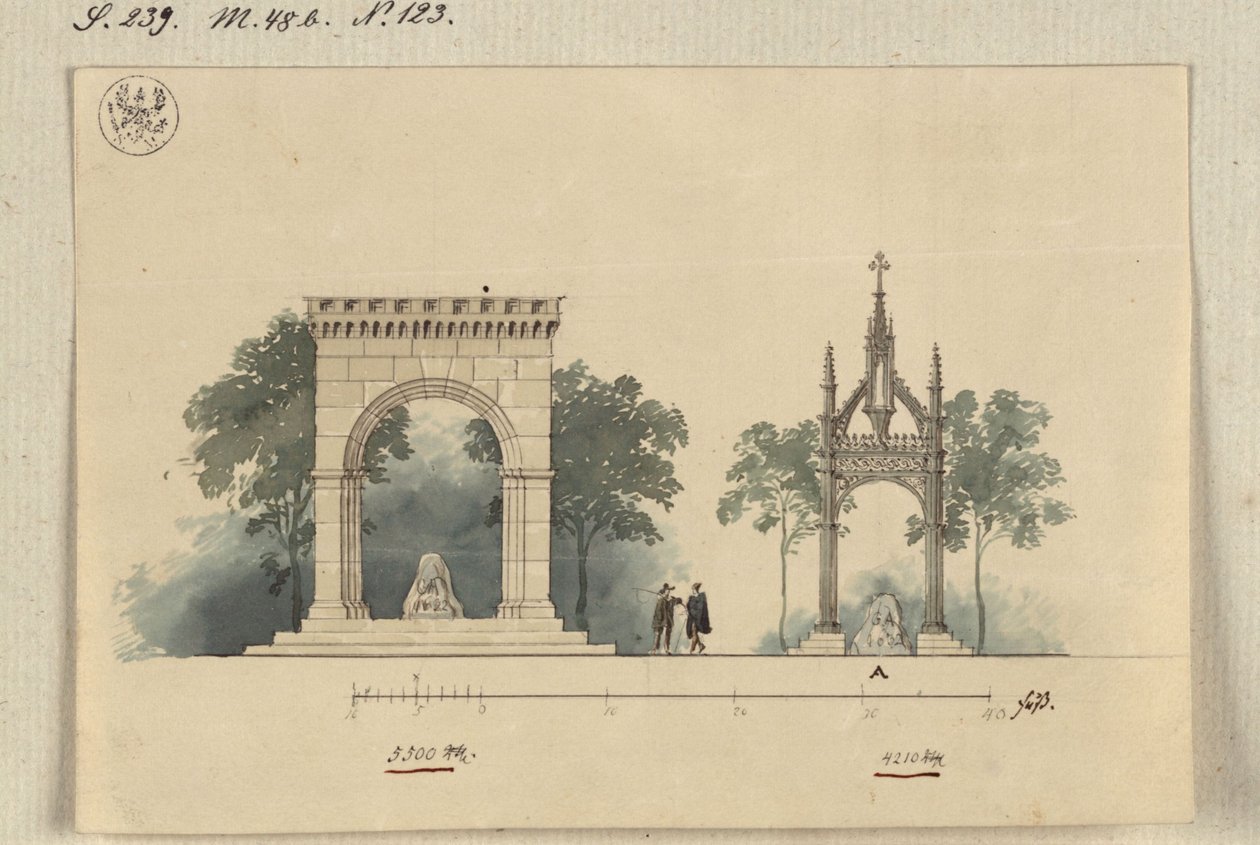 Lützen. Förslag till ett monument över kung Gustav II Adolf av Sverige som en på fyra sidor öppen arkadhall och som ett tabernakel över den svenska stenen av Karl Friedrich Schinkel