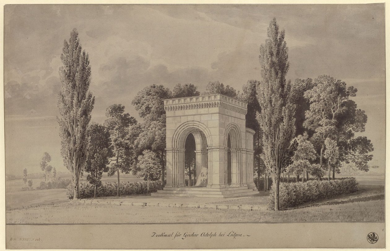 Lützen. Utkast till ett monument över Sveriges kung Gustav II Adolf i form av en romansk hall över Svenskstenen med en tillbyggd absid. Vy av Karl Friedrich Schinkel