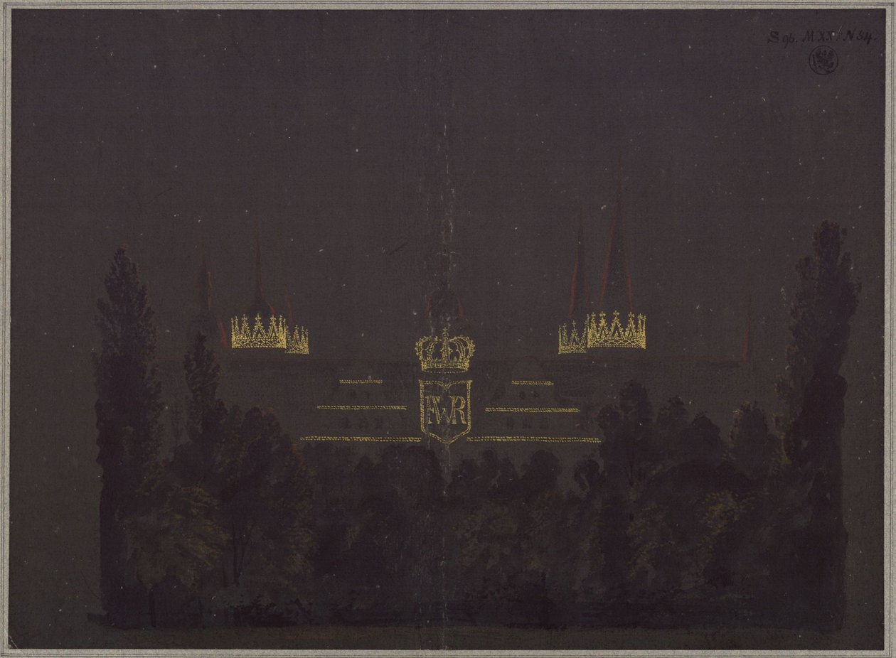 Merseburg. Slott. Förslag till illumination av slottet med anledning av hyllningsfestligheterna för Fredrik Vilhelm III av Preussen av Karl Friedrich Schinkel