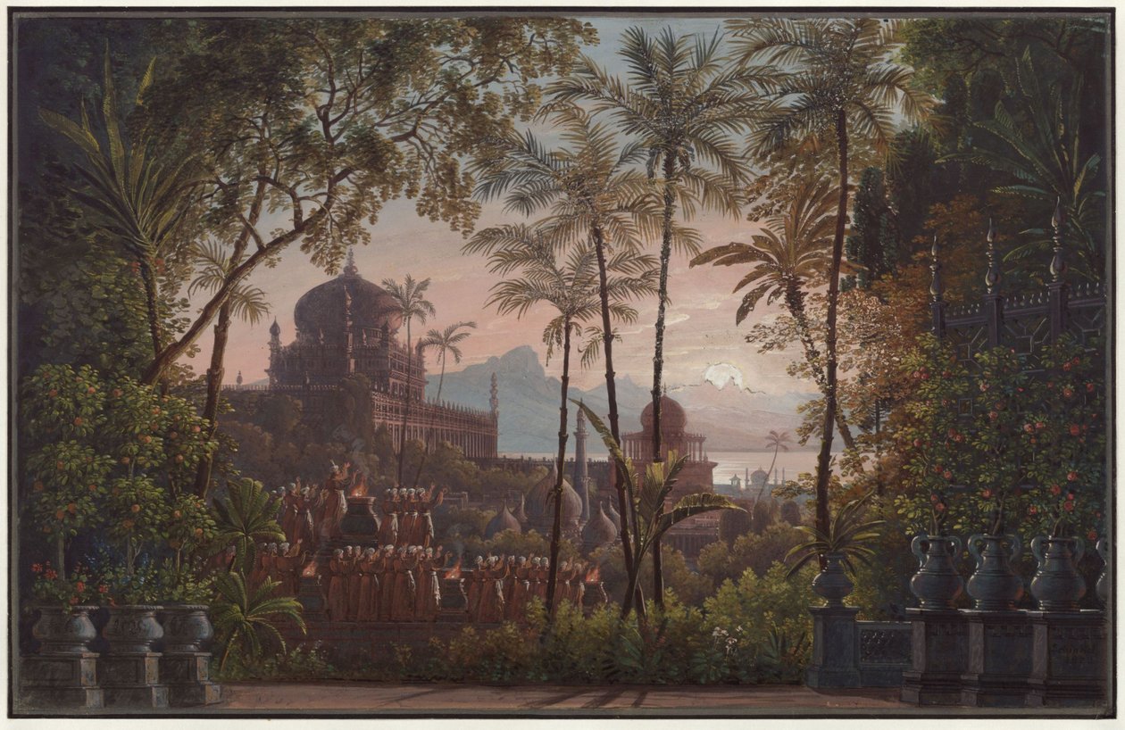 Nurmahal eller Rosfestivalen i Kashmir. Opera av Gaspare Spontini. Utkast till den första scenografin. Palatsträdgård med utsikt över Kashmir av Karl Friedrich Schinkel