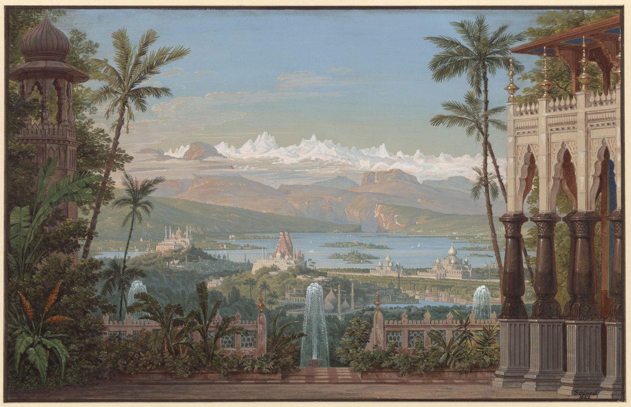 Nurmahal eller Rosfestivalen i Kashmir. Opera av Gaspare Spontini. Skiss till den andra scendekorationen. Trädgårdsterrass med utsikt över Kashmirdalen av Karl Friedrich Schinkel