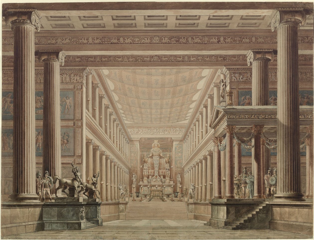 Olimpia. Opera av Gaspare Spontini. Skiss till den andra scenografin. Interiören i Dianas tempel av Karl Friedrich Schinkel