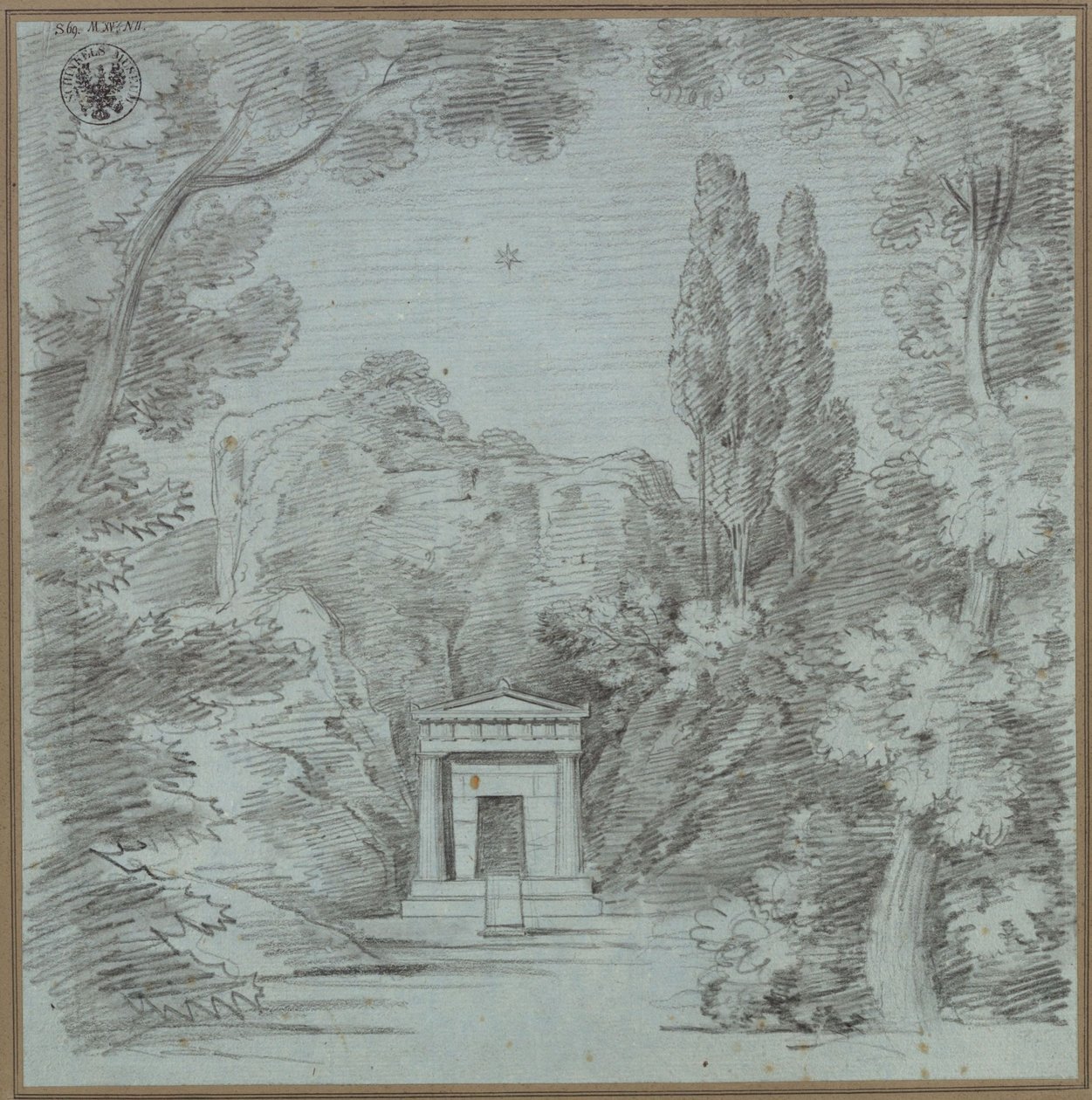 Orfeus och Eurydike. Opera av Christoph Willibald Gluck. Skiss till den första dekorationen (). Skiss till ett mausoleum vid en klippa av Karl Friedrich Schinkel