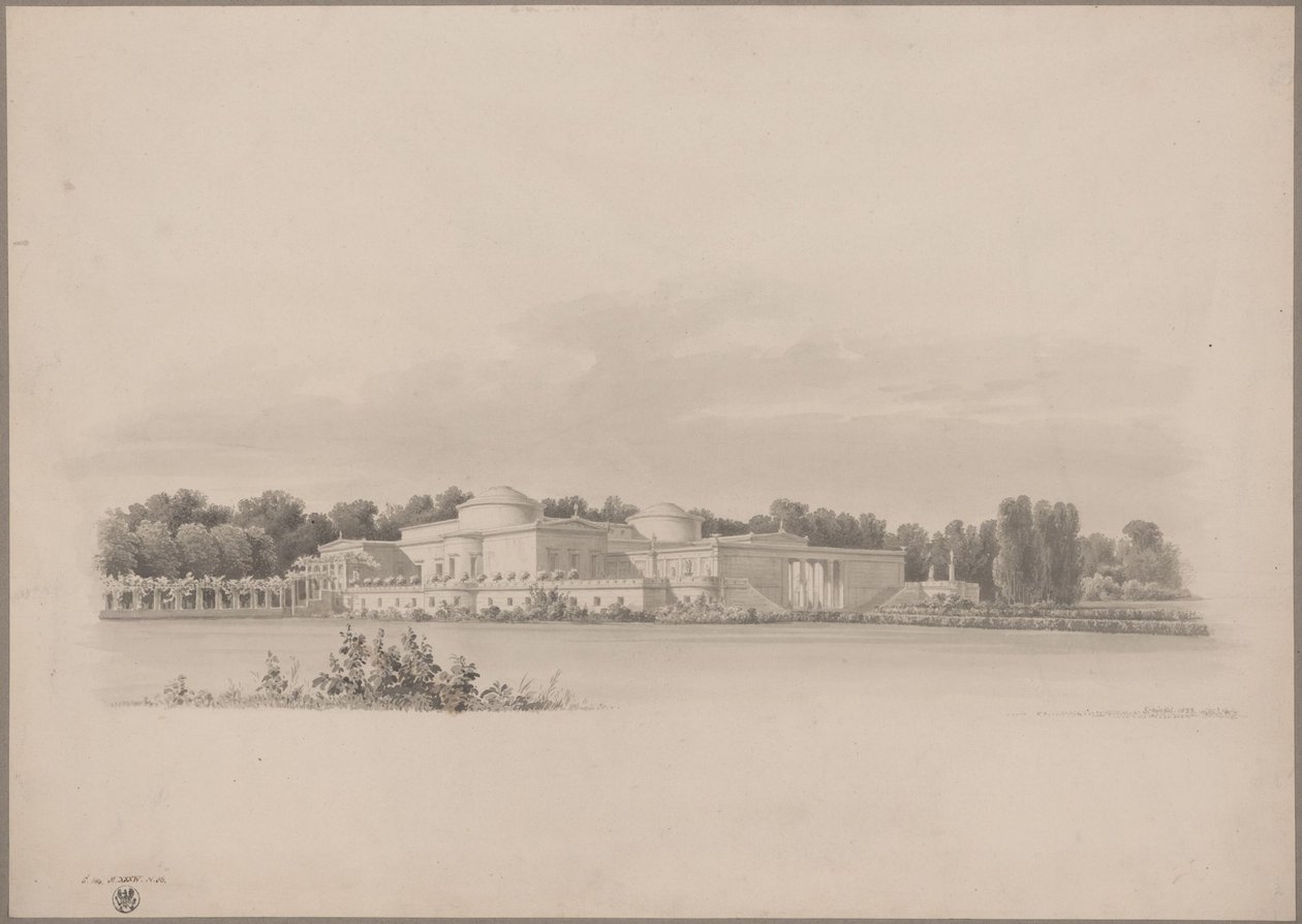 Potsdam-Sanssouci. Antikt lanthus nära slottet Charlottenhof. Perspektivvy från nordost av Karl Friedrich Schinkel