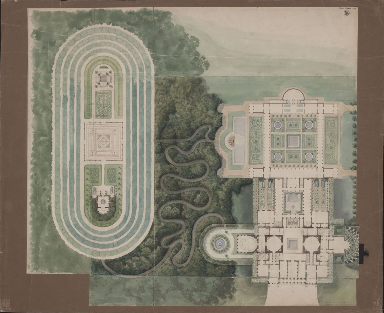 Potsdam-Sanssouci. Antikt lantställe vid Charlottenhofs slott. Situationsplan och planritning av Karl Friedrich Schinkel
