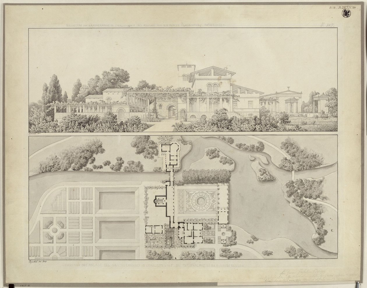 Potsdam-Sanssouci. Romerska bad vid Charlottenhofs slott. Vy från väster och planritning över trädgårdsmästarens hus av Karl Friedrich Schinkel