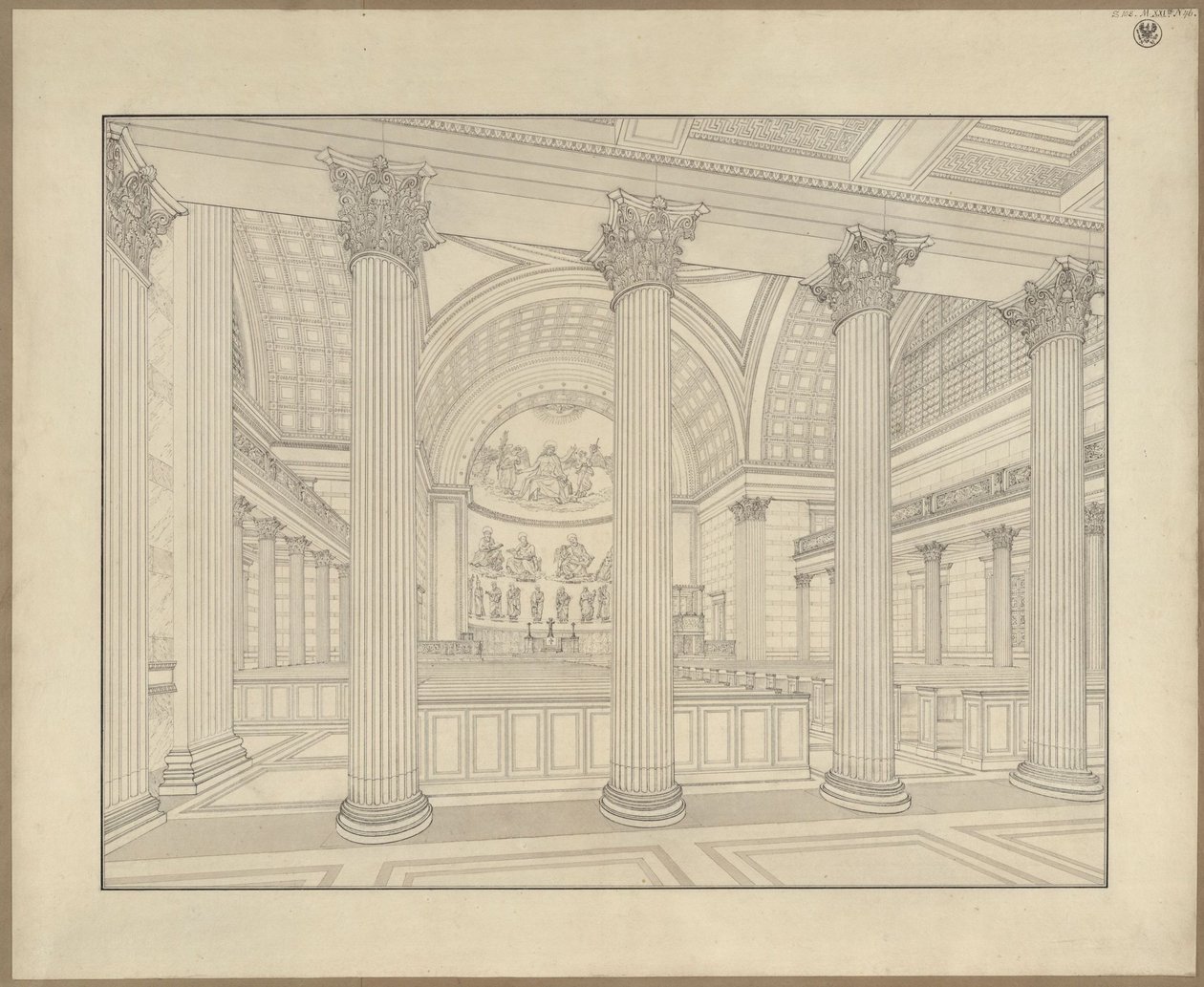 Potsdam. Sankt Nikolai kyrka. Perspektivisk interiörvy av genomförandeförslaget av Karl Friedrich Schinkel
