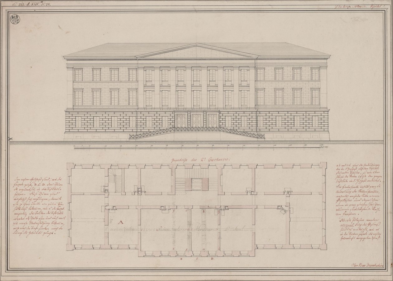 Ratibor (Racibórz). Utkast till högsta domstolen. Fasadritning och planritning av Karl Friedrich Schinkel