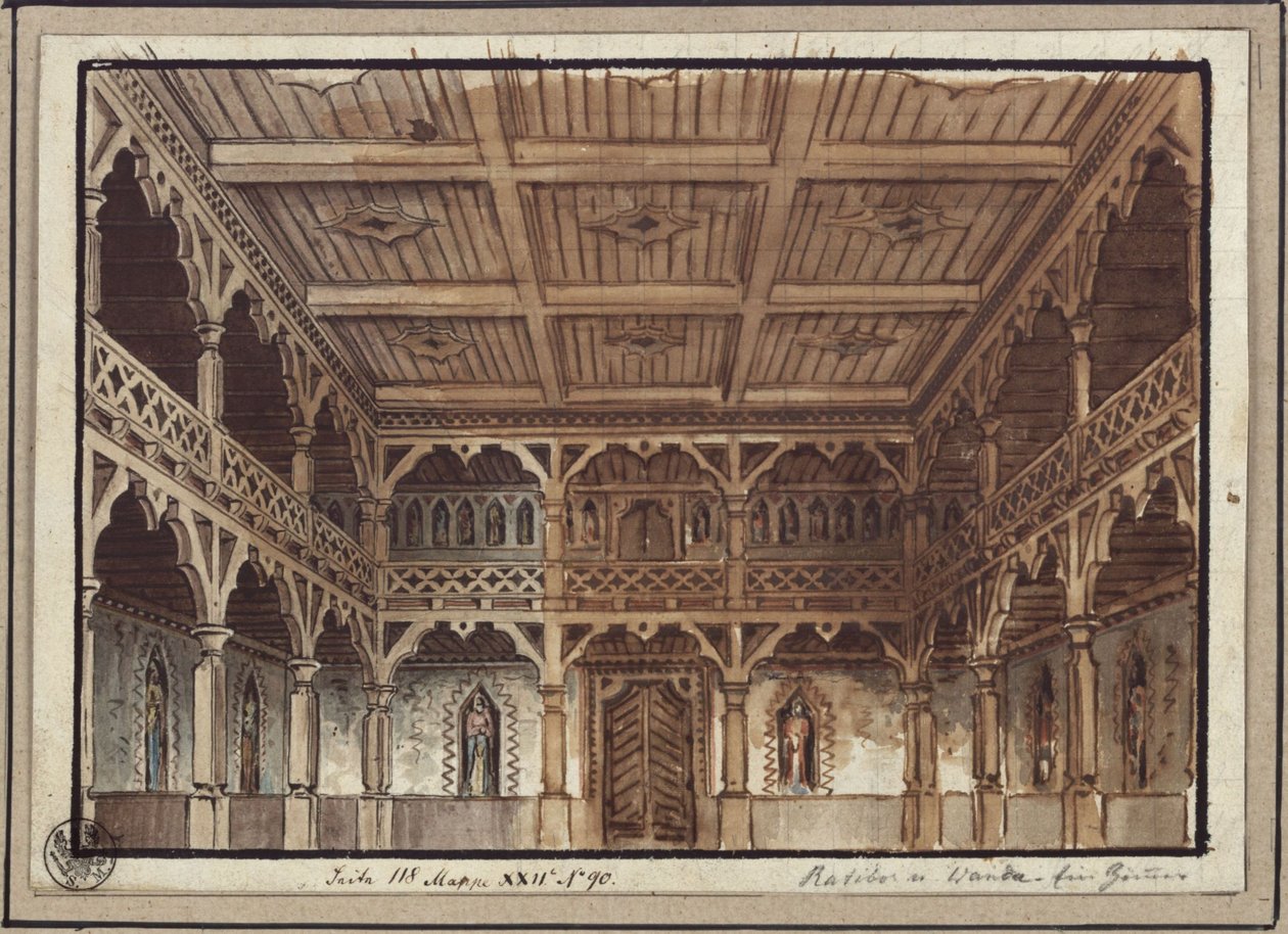 Ratibor och Wanda. Skådespel av Jakob Andreas Konrad Levezow. Skiss till den 2:a dekoren. Kvinnornas gemak i borgen av Karl Friedrich Schinkel