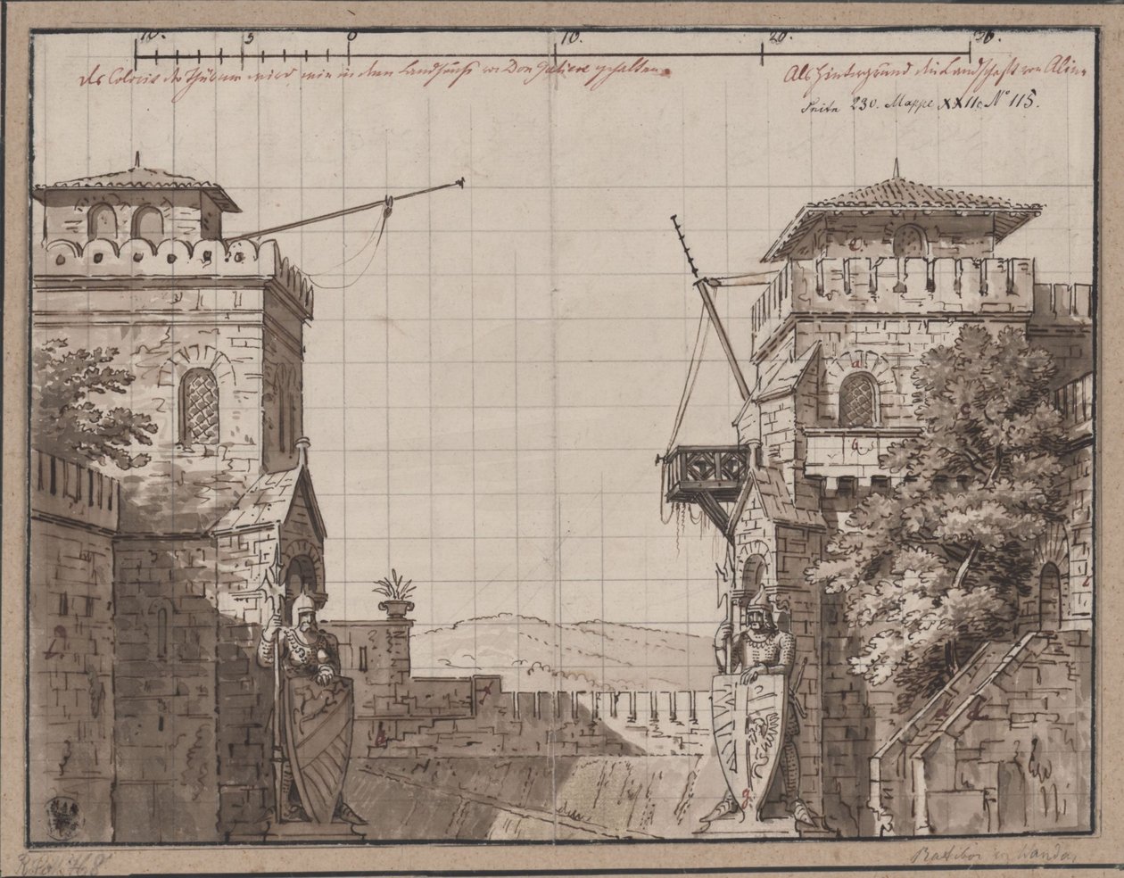 Ratibor och Wanda. Pjäs av Jakob Andreas Konrad Levezow. Utkast till den tredje scendekorationen. Fästning med utsikt över bergen av Karl Friedrich Schinkel