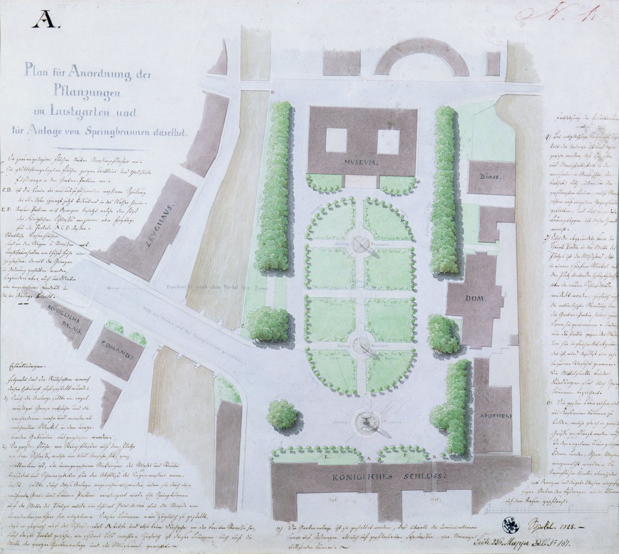 Omdesign av Lustgarten, 1828 (wc och penna och bläck på papper) av Karl Friedrich Schinkel