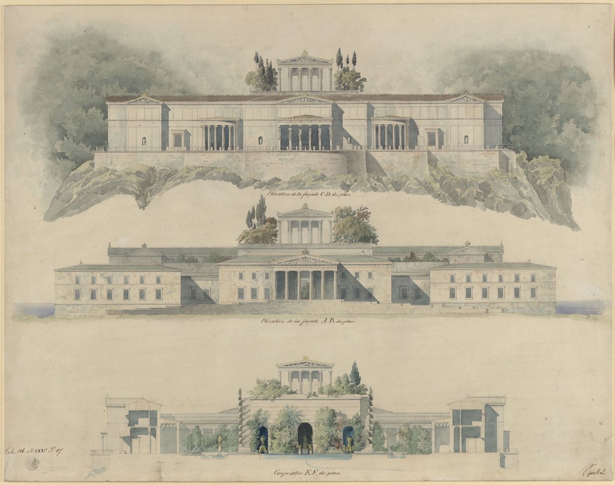 Oriandapalatset på Krim. Klassicistiskt förslag. Uppställning av sjö- och landsidan, sektion genom det kejserliga hovet med Krimmuseet och det krönande templet av Karl Friedrich Schinkel