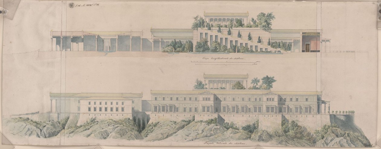 Orianda slott på Krim. Antikt förslag. Längdsektion, sidovy av Karl Friedrich Schinkel