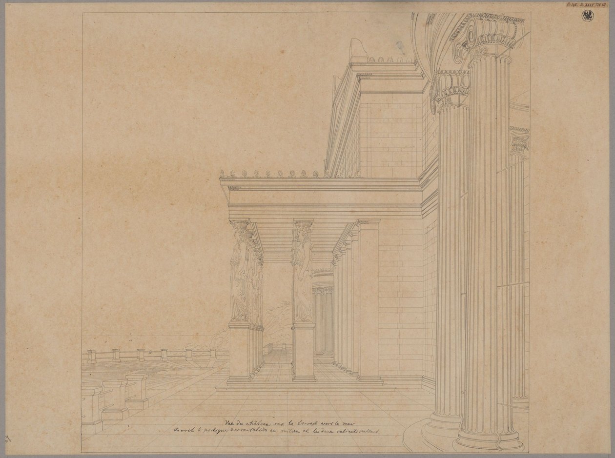 Slottet Orianda på Krim. Antikinspirerad arkitektur. Slottets terrass med portik mot havet av Karl Friedrich Schinkel