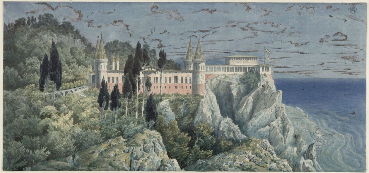 Orianda slott på Krim. Moskvitisk utkast. Vy av Karl Friedrich Schinkel