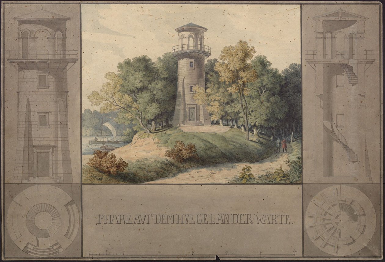Owinsk slott (Owińska), tidigare distrikt och förvaltningsområde Posen (Storpolens vojvodskap). Förslag till en fyr för parken av Karl Friedrich Schinkel