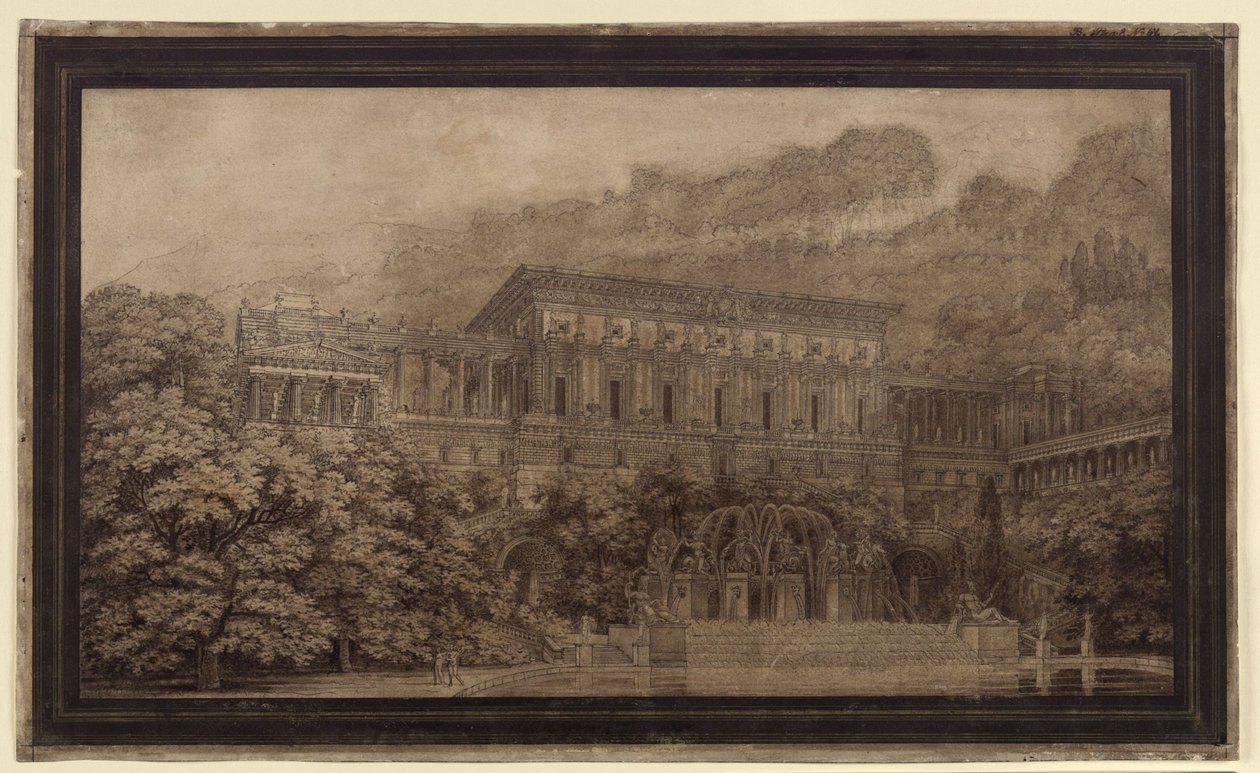 Slott med stor fontänanläggning av Karl Friedrich Schinkel