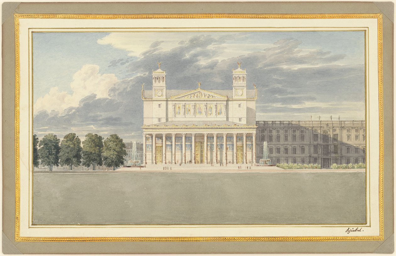 Fasaden och omgivningen av en katedral för Berlin av Karl Friedrich Schinkel