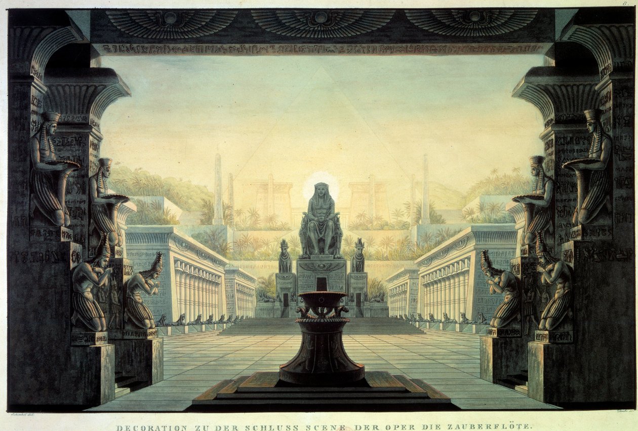 Teaterdekor: Dekor för operan "La flute enchante (Die Zauberflote) av Wolfgang Amadeus Mozart, på ett libretto av Emanuel Schikaneder. Teckning av Karl Schinkel (1781-1841) av Karl Friedrich Schinkel