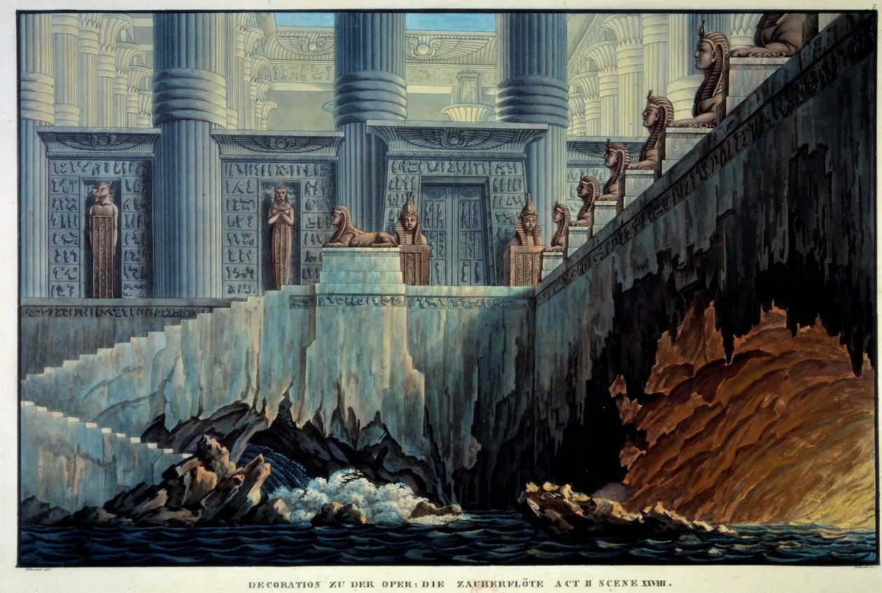 Teaterdekor för den förtrollande flöjten (Opera "" Die Zauberflote"" av Wolfgang Amadeus Mozart). Gravyr av Karl Schinkel (1781-1841) Ec. Allt. av Karl Friedrich Schinkel
