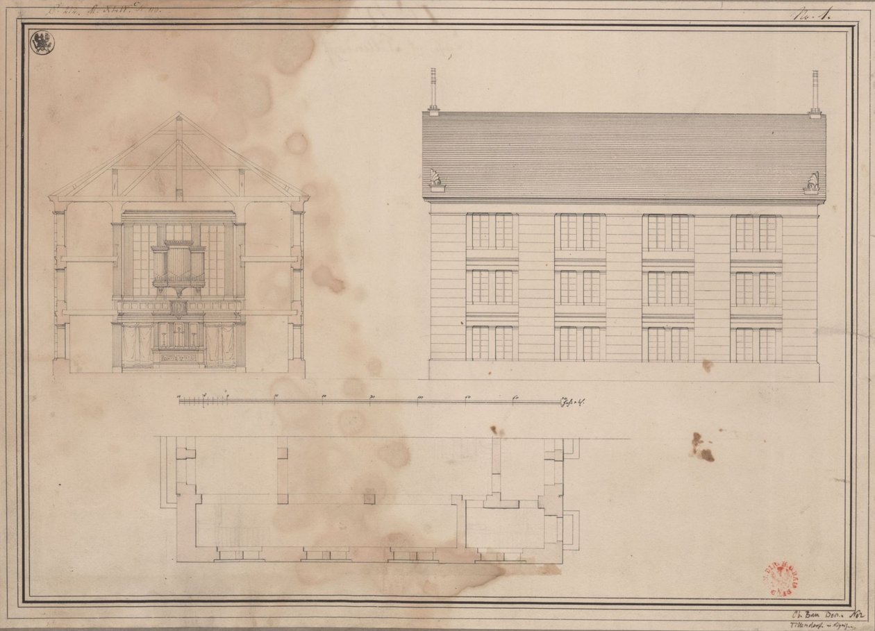 Tillendorf (Bolesławice, regeringsdistriktet Liegnitz). Förslag till den evangeliska kyrkan. Planritning, uppställning av sidofasaden och tvärsnitt av Karl Friedrich Schinkel