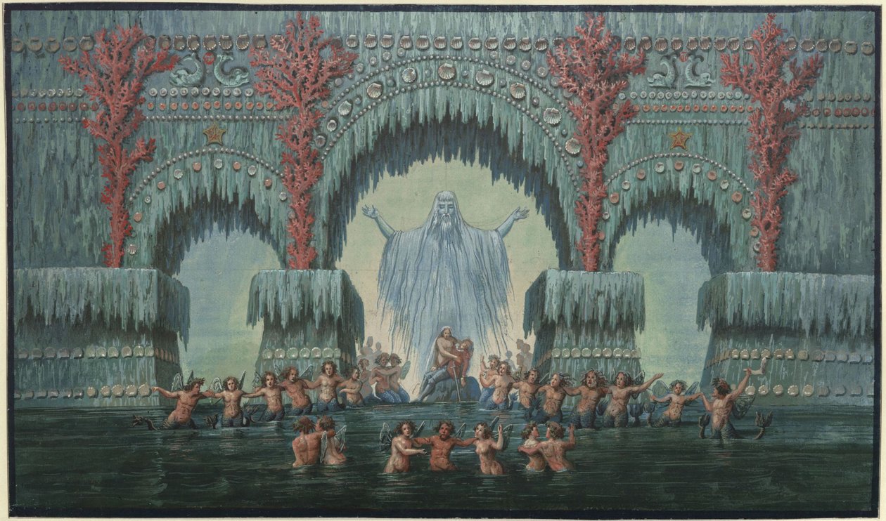 Undine. Opera av E. T. A. Hoffmann. Skiss till den 10:e scendekorationen. Kühleborns vattenpalats av Karl Friedrich Schinkel