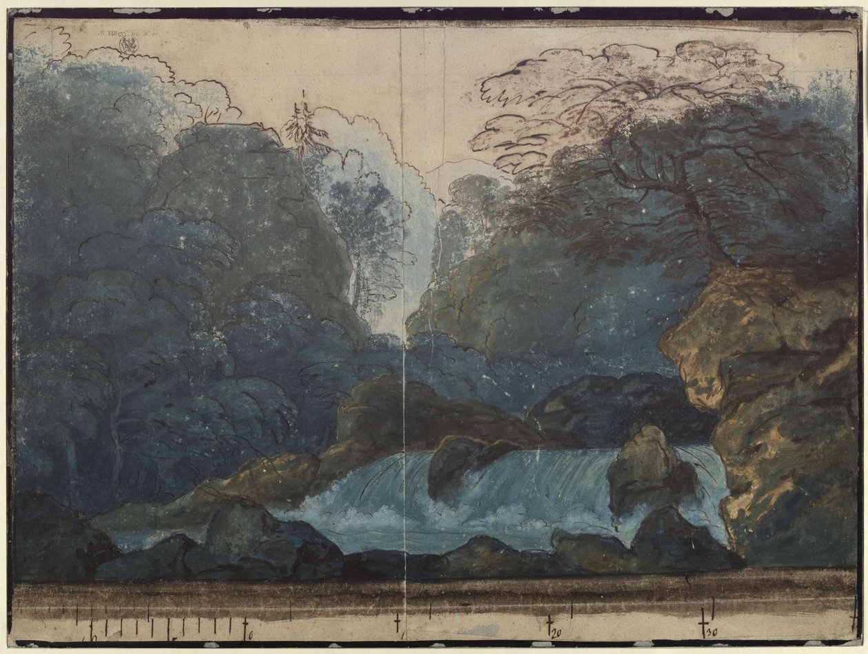 Undine. Opera av E. T. A. Hoffmann. Skiss till den andra scendekorationen. Skog med vattenfall av Karl Friedrich Schinkel