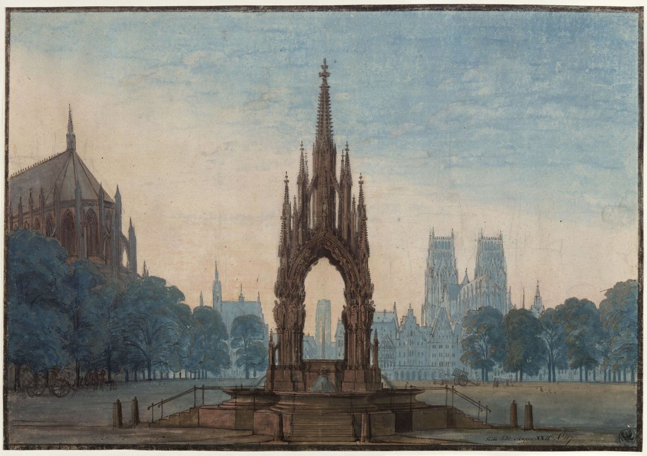 Undine. Opera av E. T. A. Hoffmann. Skiss till den tredje kulissen. Torg med fontän av Karl Friedrich Schinkel