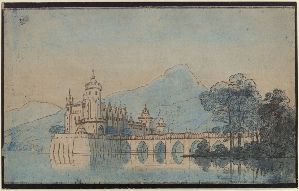 Undine. Opera av E. T. A. Hoffmann. Utkast till den 9:e scendekorationen. Slottet Ringstetten av Karl Friedrich Schinkel