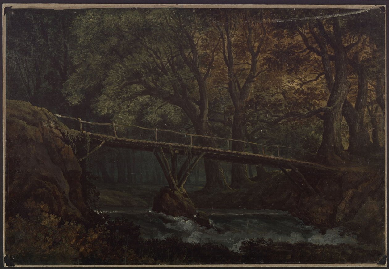 Undine. Opera av E. T. A. Hoffmann. Skiss till den 7:e dekoren. Tät skog med bro över en bäck av Karl Friedrich Schinkel