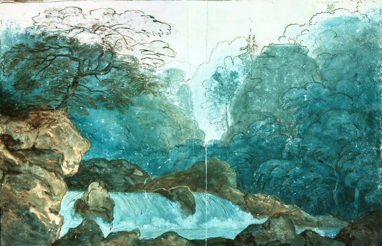 Vattenfall i ett trä, scenografi för en produktion av Undine, (wc på papper) av Karl Friedrich Schinkel