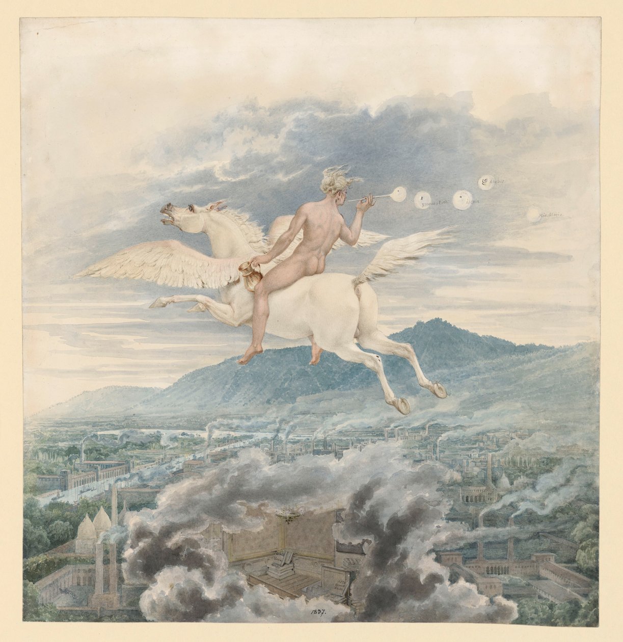 Kvinnlig figur (såpbubbelblåserska) som allegori över Christian Peter Wilhelm Beuth, ridande på Pegasus över en industristad av Karl Friedrich Schinkel
