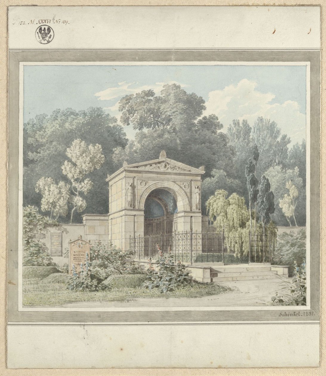 Zeitz. Utformning till gravmonument för Johann Friedrich Delbrück. Vy av Karl Friedrich Schinkel