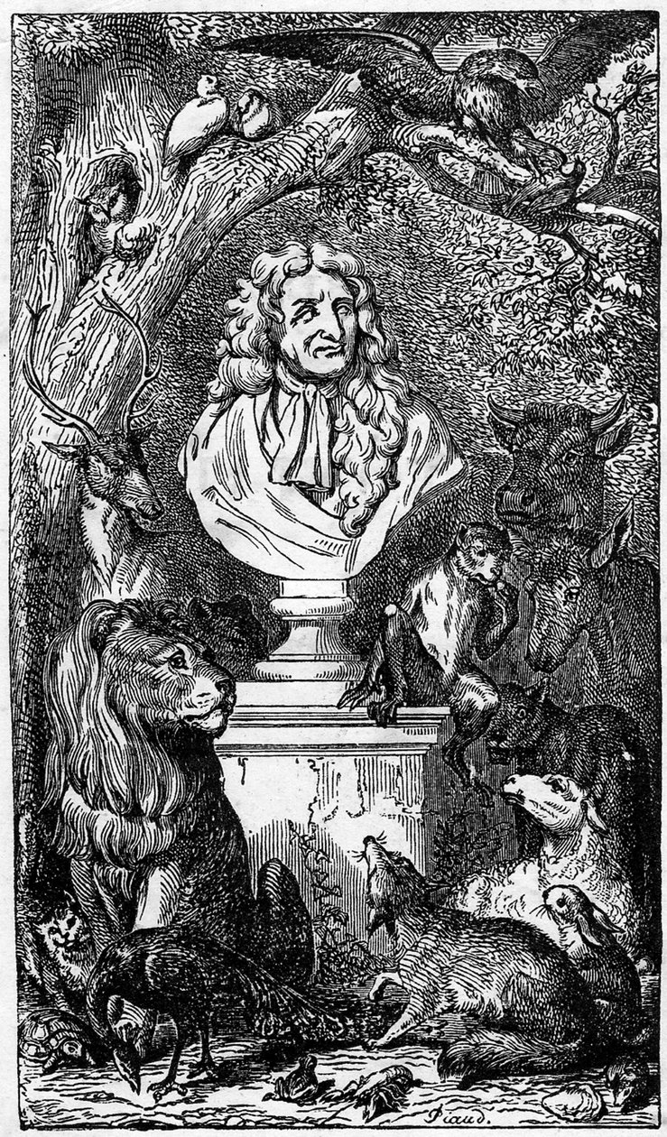 Allegorisk byst av Jean de La Fontaine, omgiven av djur; framsidan av en bok av Fables de la Fontaine av Karl Girardet