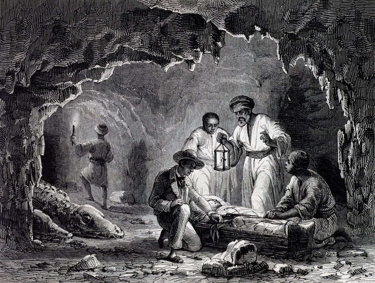 Arkeologiska upptäckter i Samouns grottor, gravyr baserad på ritning av Karl Girardet (1813-1871) av Karl Girardet