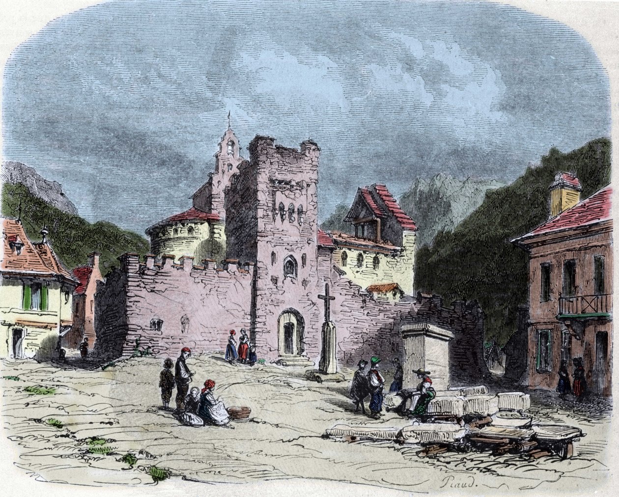 Church of the Knights of the Order of the Temple (Templars) i Luz Saint Saviour (Luz-Saint-Sauveur eller Luz St Saviour, Luz-St-Sauveur). Teckning av Karl Girardet (1813-1871) av Karl Girardet