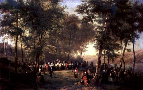 Lunch ges av Louis-Philippe (1773-1850) för drottning Victoria (1819-1901) i Forest of Eu, 6 september 1843, 1844 (se även 379713) av Karl Girardet