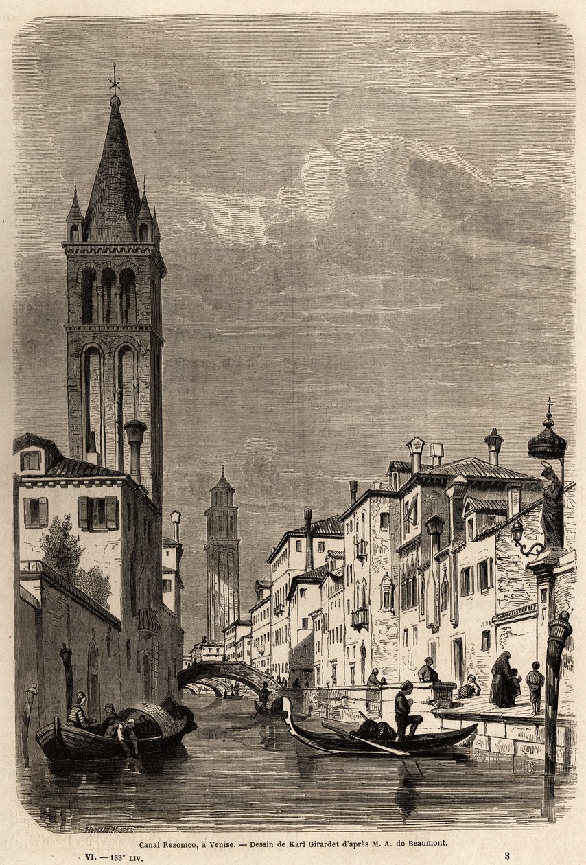 Rezonico-kanalen, teckning av Karl Girardet (1813-1871), för att illustrera Adalbert de Beaumonts resa till Venedig, cirka 1850. Gravyr i "" Le tour du monde", redigerad av Edouard Charton av Karl Girardet