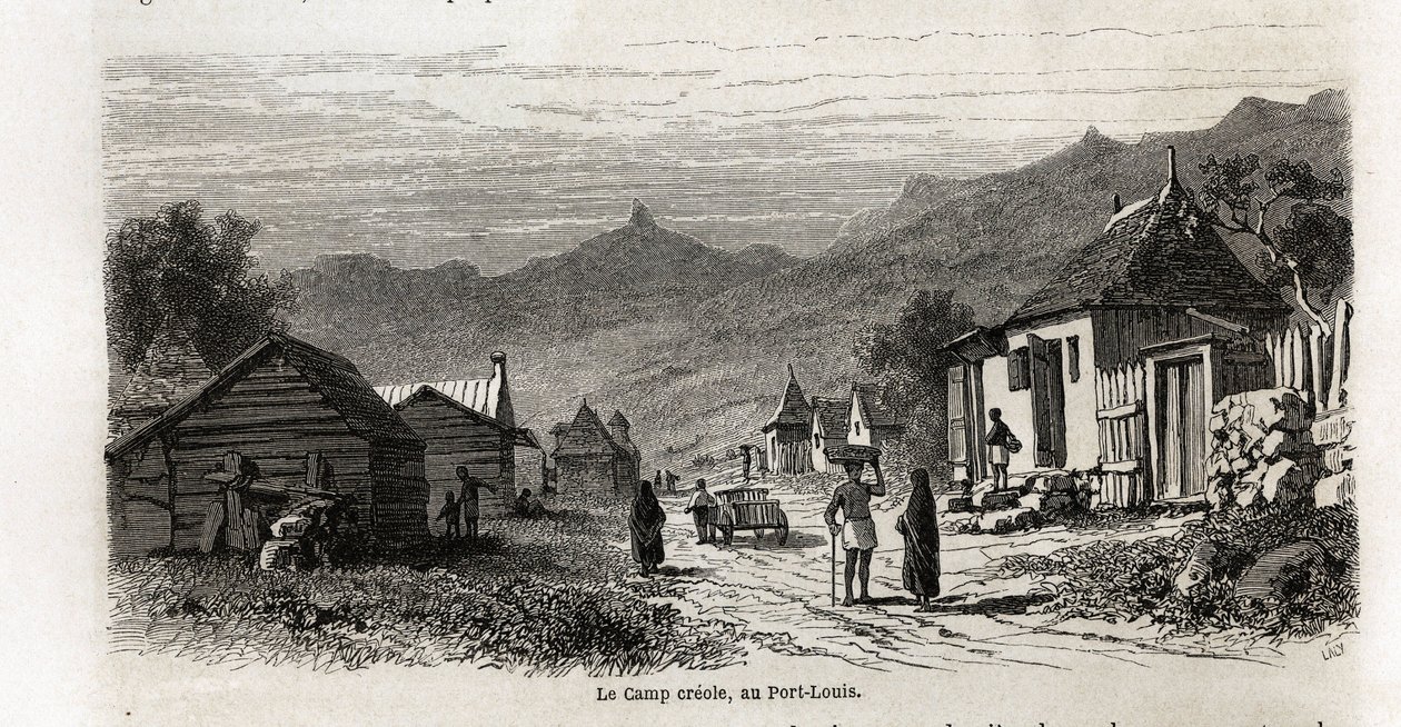Lägret kreol, i Port Louis, teckning av Karl Girardet (1813-1871), för att illustrera Alfred Verneys vistelse på Mauritius 1861. Gravyr i "" Le tour du monde", redigerad av Edouard Charton av Karl Girardet