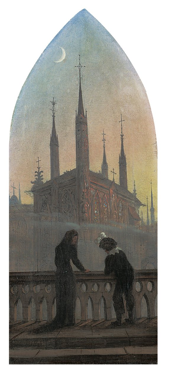 Människor i gamla tyska klär sig i kontemplation av en medeltida stad av Karl Gustav Carus