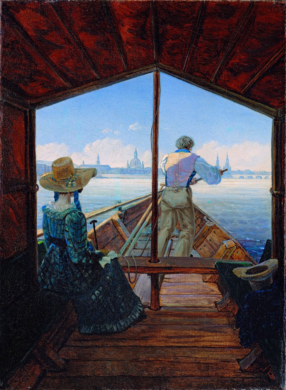 ""Tidig morgon på Elbe"" båttur på Elbe nära Dresden (Barge Trip on the Elbe near Dresden (Morning on the Elbe) Målning av Carl Gustav Carus (1789-1869) Olja på duk 1827 Dim 29x22 cm Museum Kunstpalast, Düsseldorf av Karl Gustav Carus