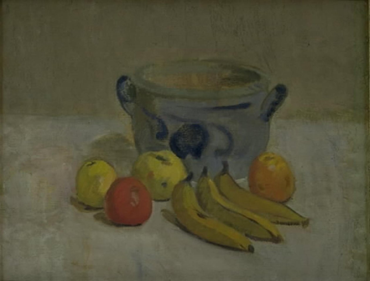Stilleben med grå burk, äpplen och bananer av Karl Isakson